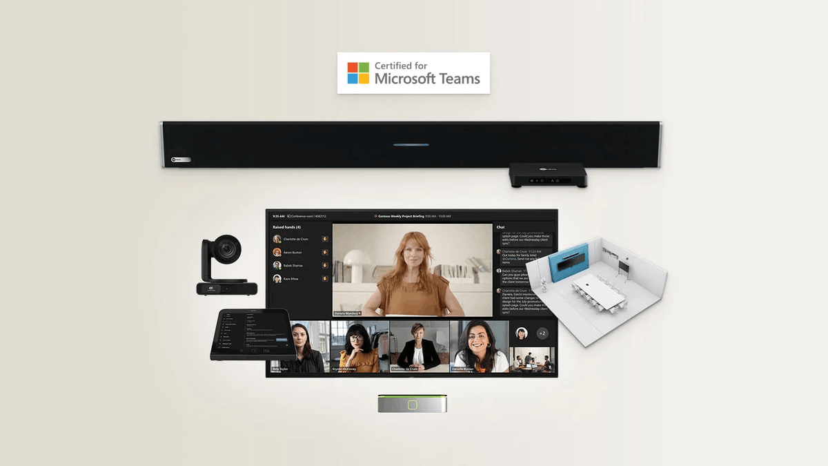 Microsoft Teams Rooms setup featuring a Nureva audio bar, camera, room controller, display, and certified Teams badge