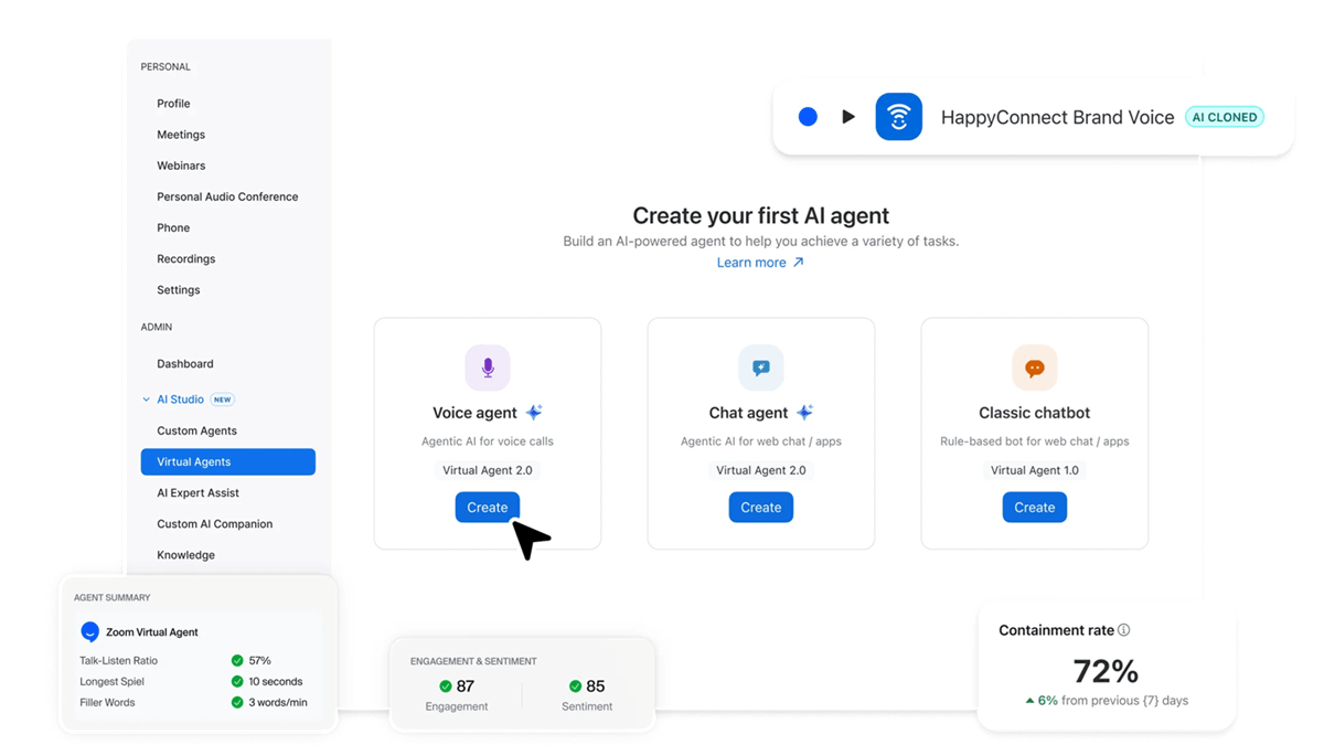 Zoom Virtual Agent dashboard showing tools for creating AI voice agents, chat agents, and chatbot automation