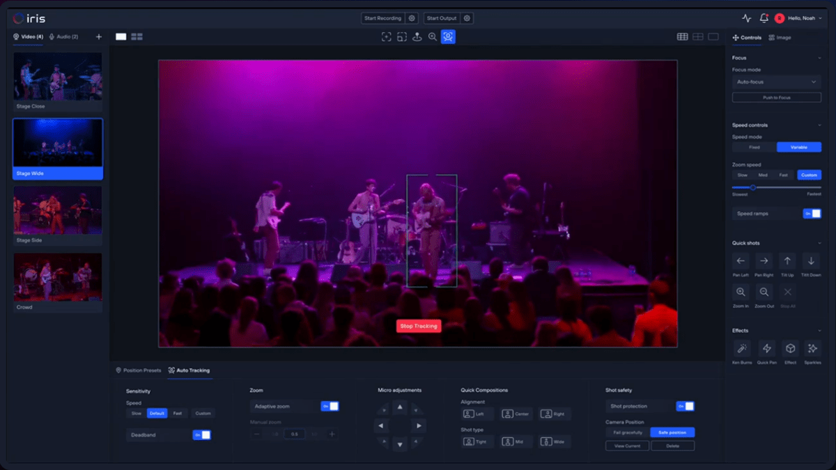 Audinate’s Iris interface featuring Intelligent PTZ framing, color correction, and full camera management