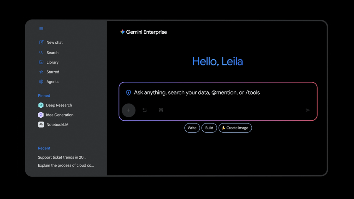 Google Gemini Enterprise interface showing the menu options and the chat feature