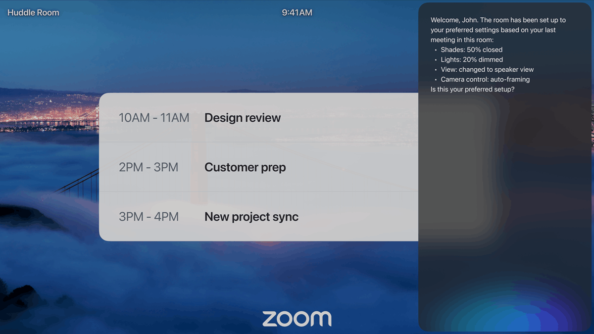 Zoom Rooms interface showing AI personalization settings that automatically configure meeting environments based on user preferences and room occupancy