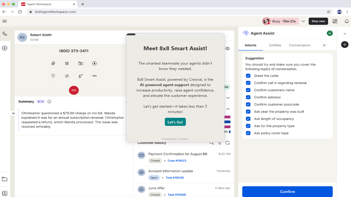 8x8 Smart Assist interface showing real-time agent guidance, suggestions, and automated summaries within the agent workspace