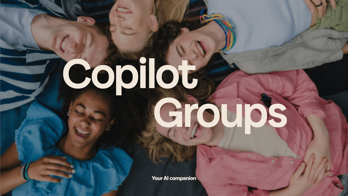 The text “Copilot Groups” over a group of people laying on the ground background