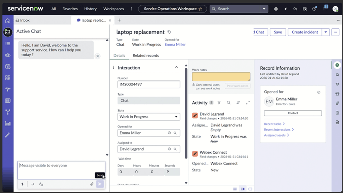 ServiceNow interface integrated with Webex Contact Center for AI-assisted customer support