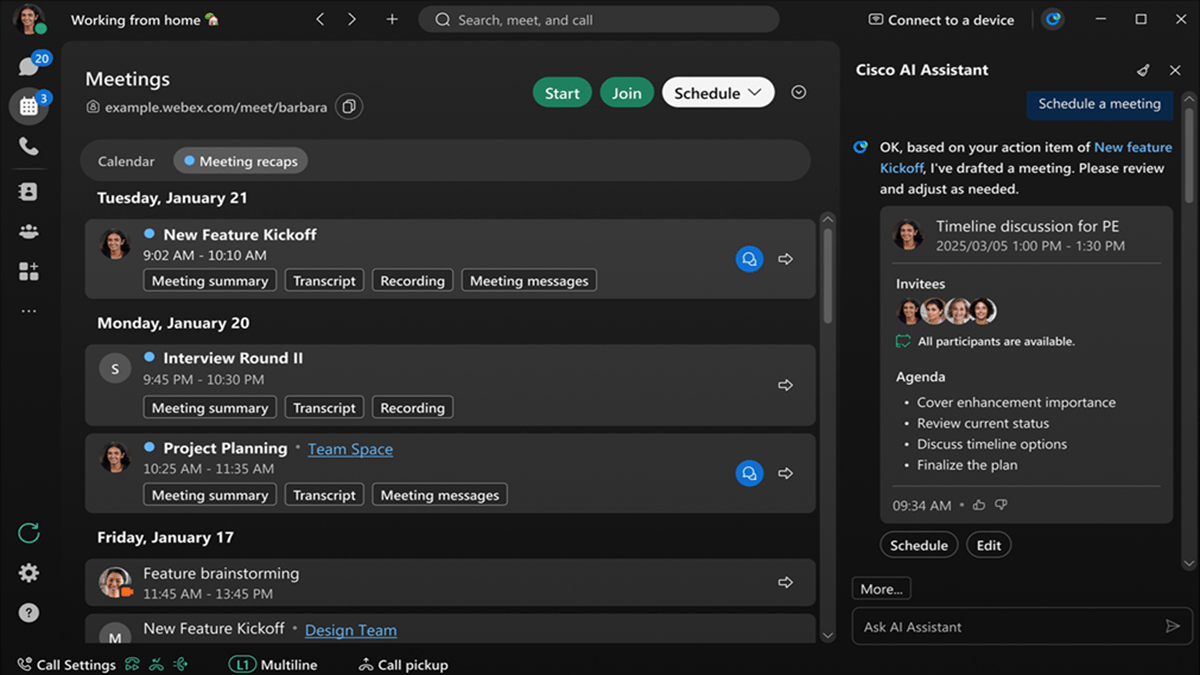 Webex Suite interface showcasing the new Meeting AI Scheduler