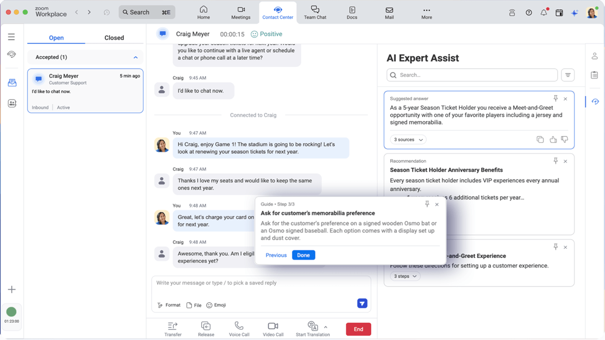 Zoom's AI Expert Assist for Contact Center enhances agent efficiency with real-time AI-suggested responses, dynamic agent guides, and customizable smart notes.