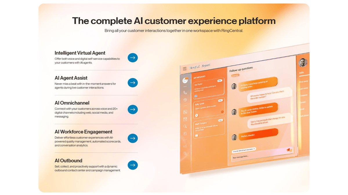RingCX’s interface with a list of its AI offering
