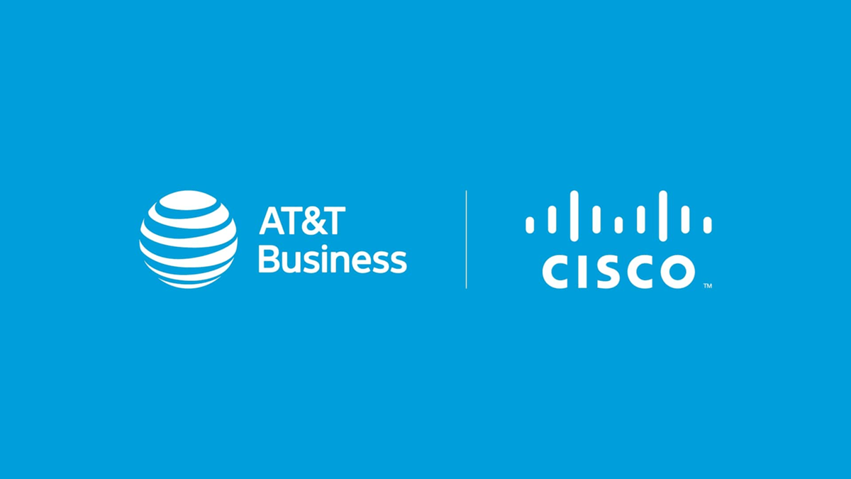 AT&T Business and Cisco’s logos over a blue background
