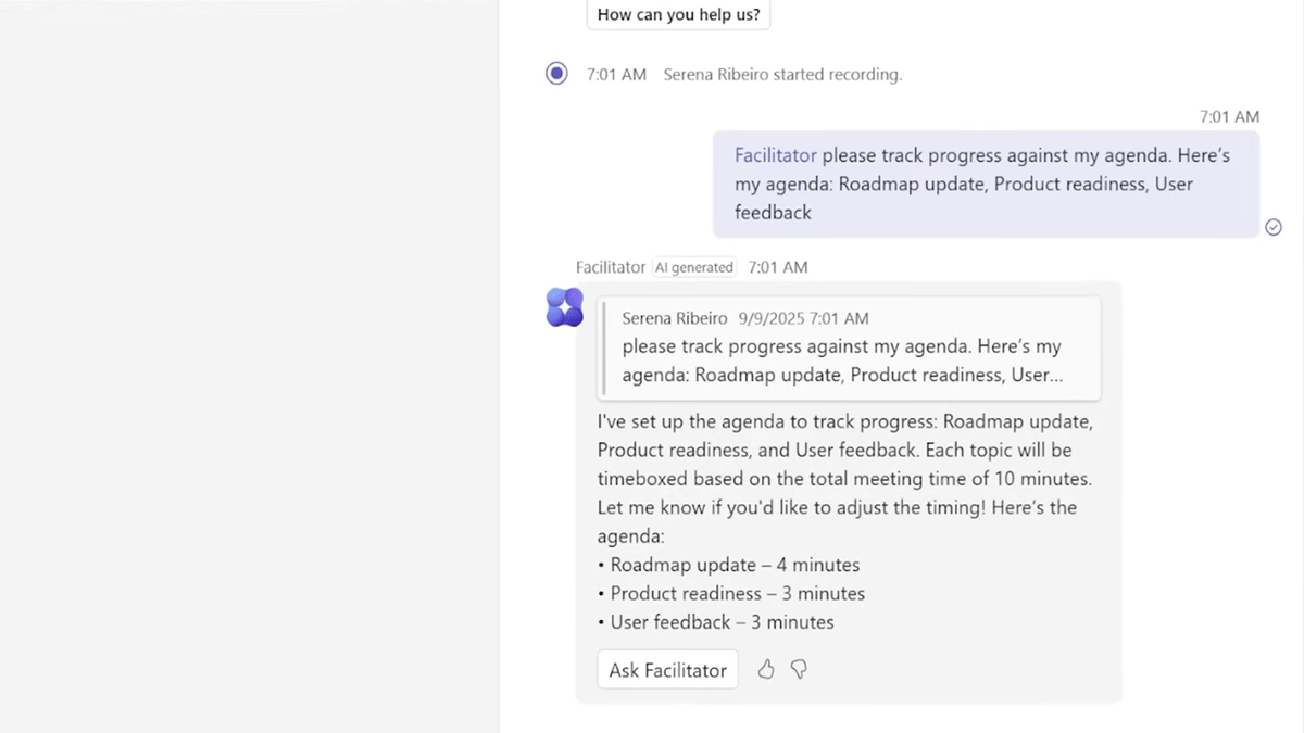 Microsoft 365 Copilot featuring the Facilitator Agent assisting a user with agenda progress tracking