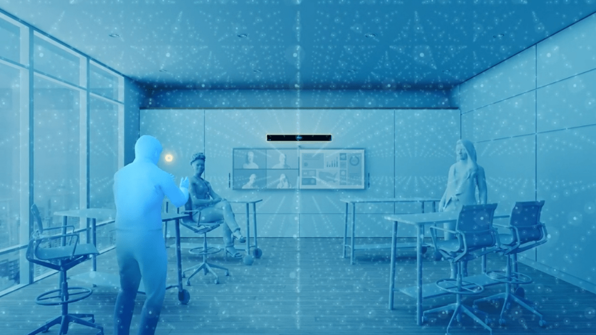 Illustration of a meeting room using Nureva’s Microphone Mist technology to capture and amplify voices across the space