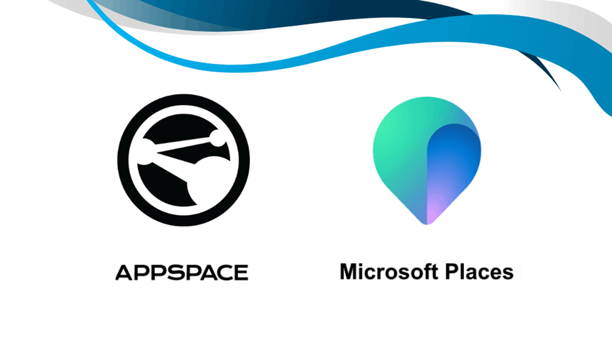 Appspace and Microsoft Places’ logos over a white background with splashes of blue hues