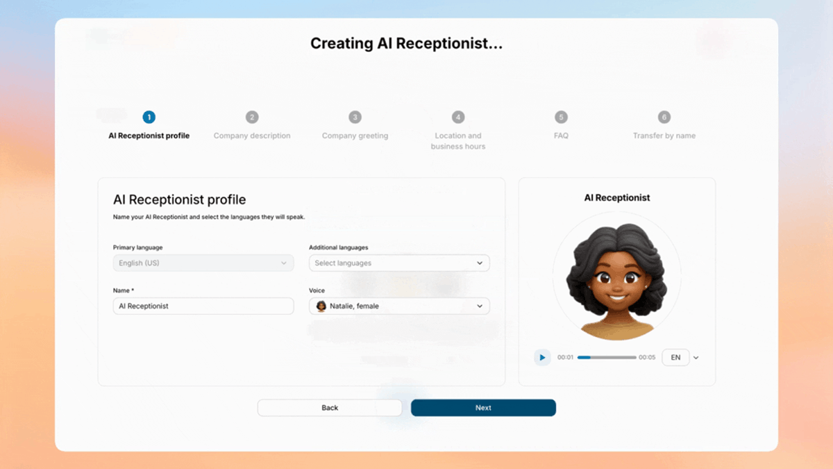The steps to creating a RingCentral AI Receptionist, featuring a receptionist avatar