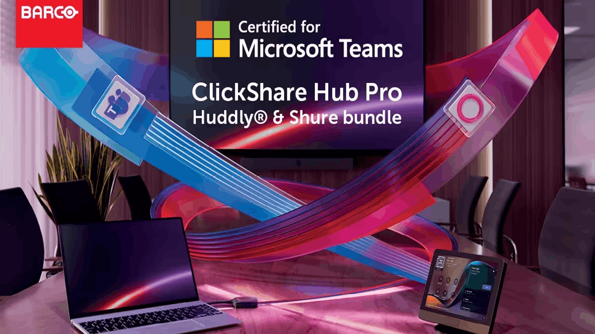 Barco ClickShare Hub Pro Huddly and Shure bundle displayed in a meeting room with Microsoft Teams certification