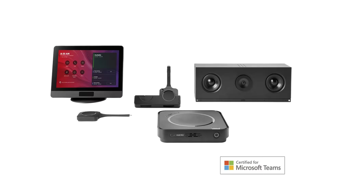 Barco ClickShare Hub Pro and Huddly C1 Microsoft Teams Rooms bundle including control panel, video bar, and wireless sharing devices