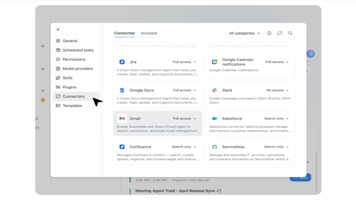 ZoomMate connector settings interface showing integrations with business applications including Jira, Google Docs, Slack, Gmail, Salesforce, Confluence, ServiceNow, and Google Calendar