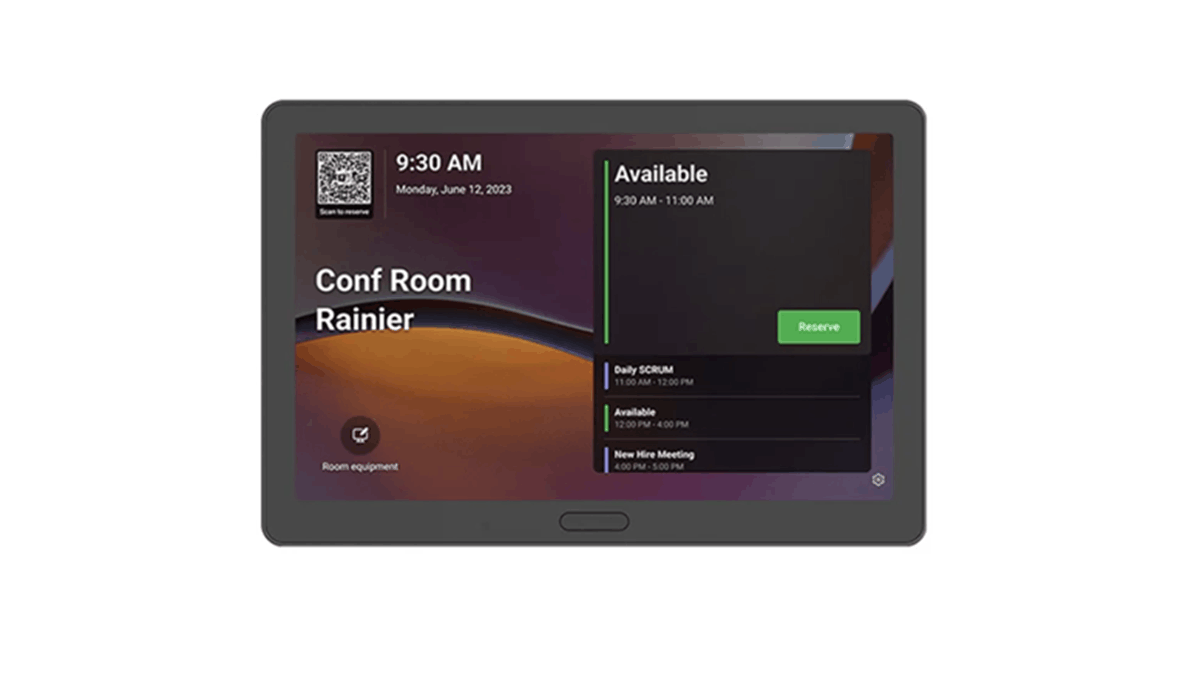 Q-SYS Scheduling Panel displaying room availability and meeting reservation information