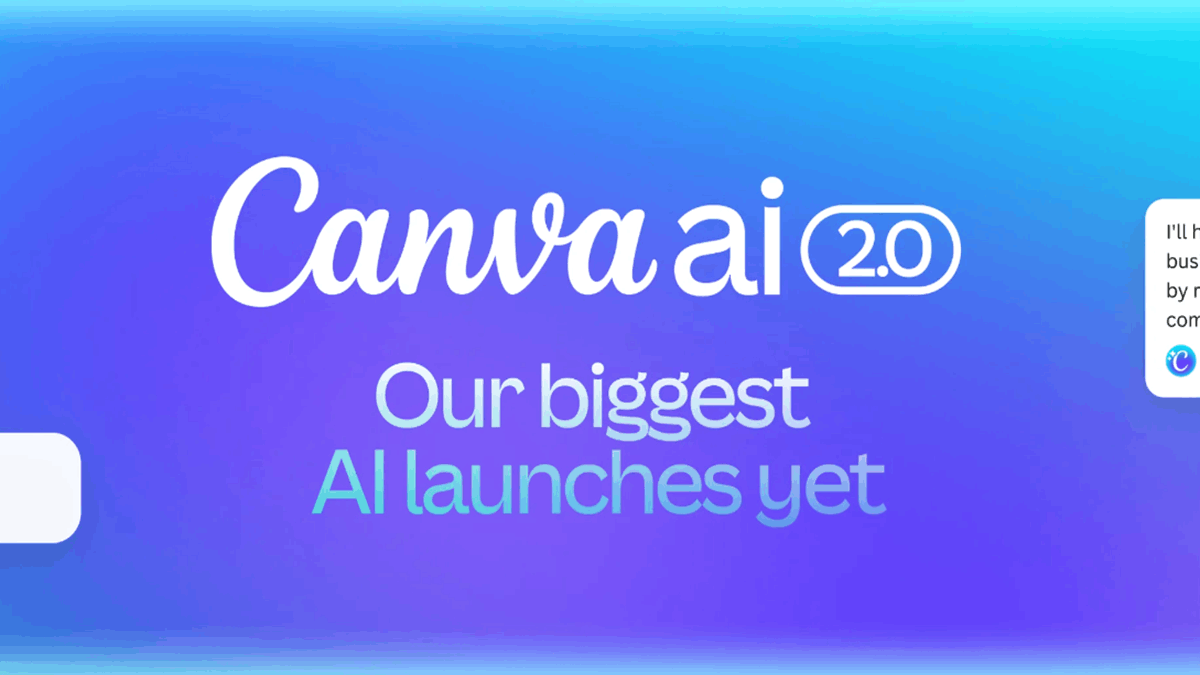 Canva AI 2.0 announcement banner with gradient background and text highlighting its largest AI launch