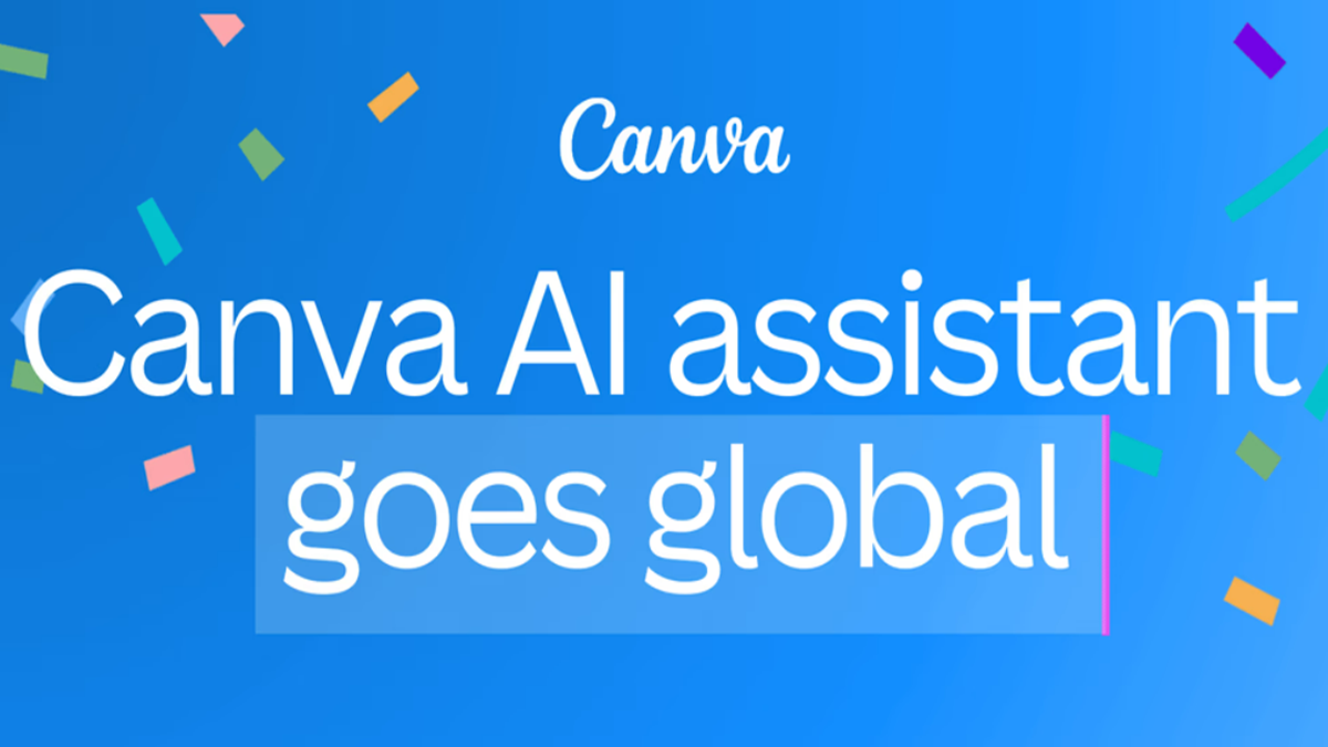 Canva announcement graphic stating AI assistant goes global over a light blue back designed with confetti