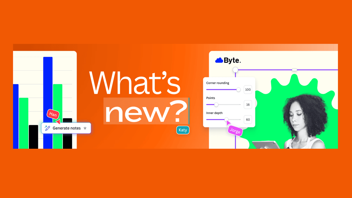 A preview of what’s new in Canva over an orange background