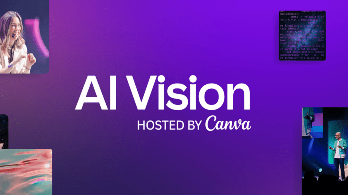Canva’s AI Vision logo over a collage of previews during the event