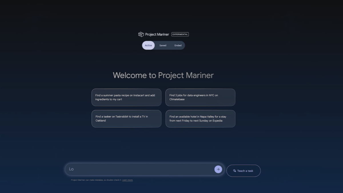 Interface of Project Mariner, with a welcome prompt and message bar
