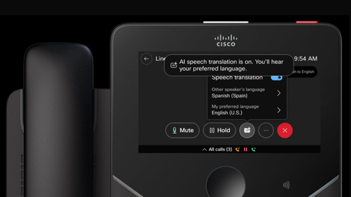 Cisco enterprise phone displaying real-time AI speech translation settings for a call between Spanish and English speakers