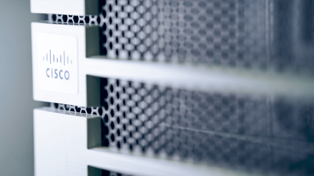 A closeup of a Cisco Unified Communications Manager server rack, focusing on Cisco’s logo