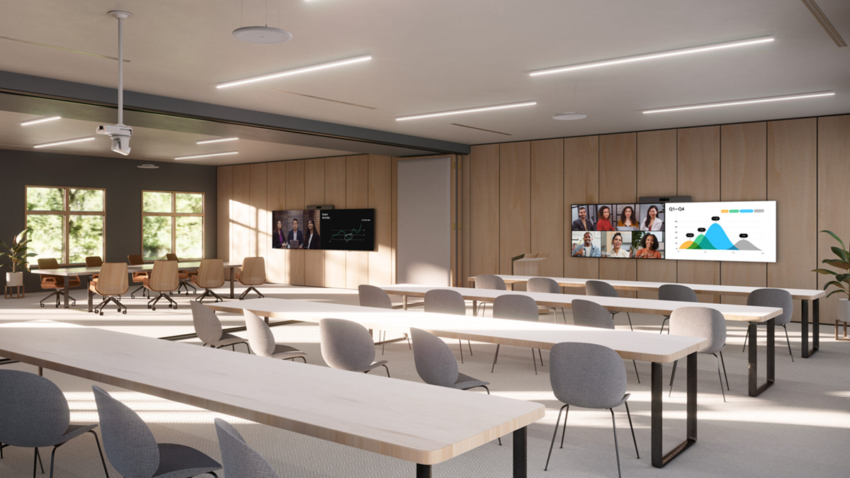 Modern training room featuring Cisco AI collaboration technology with dual displays, Room Vision camera, and flexible meeting space layout
