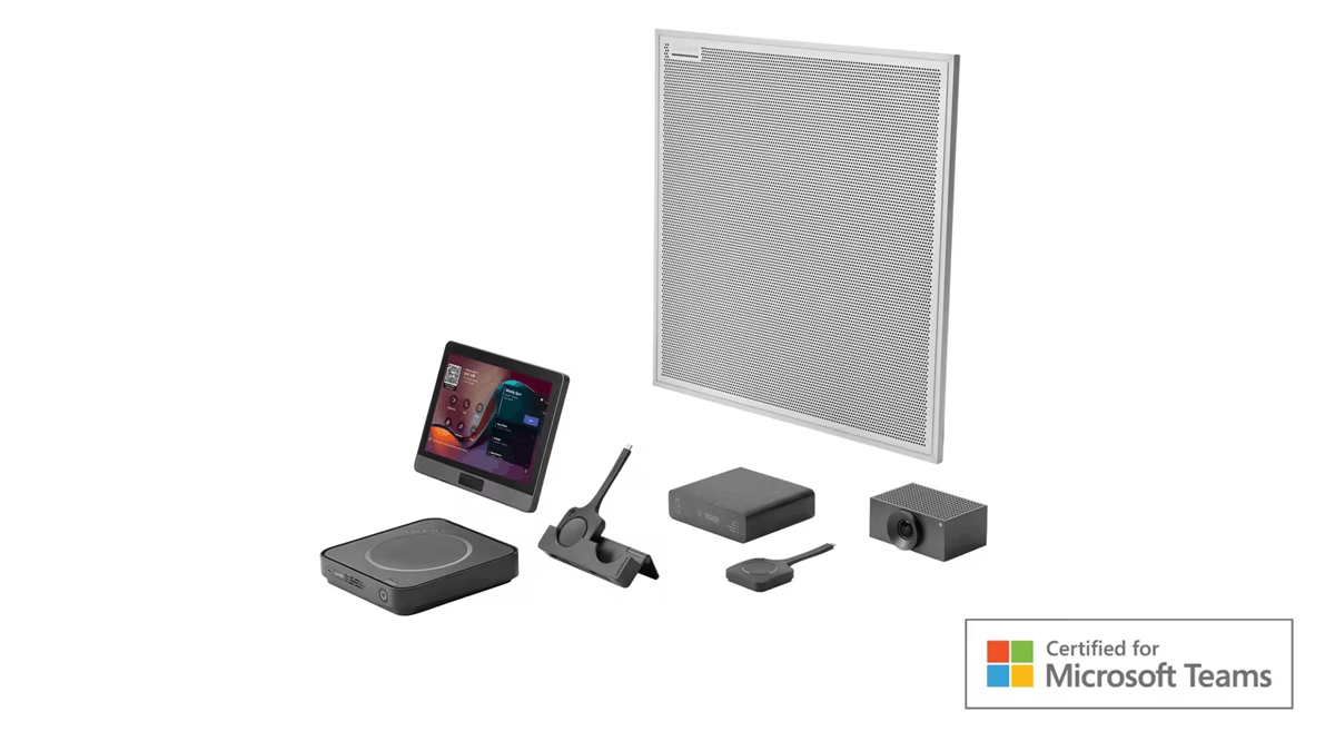 Barco ClickShare Hub Pro bundle with Huddly and Shure equipment, shown with Microsoft Teams certification