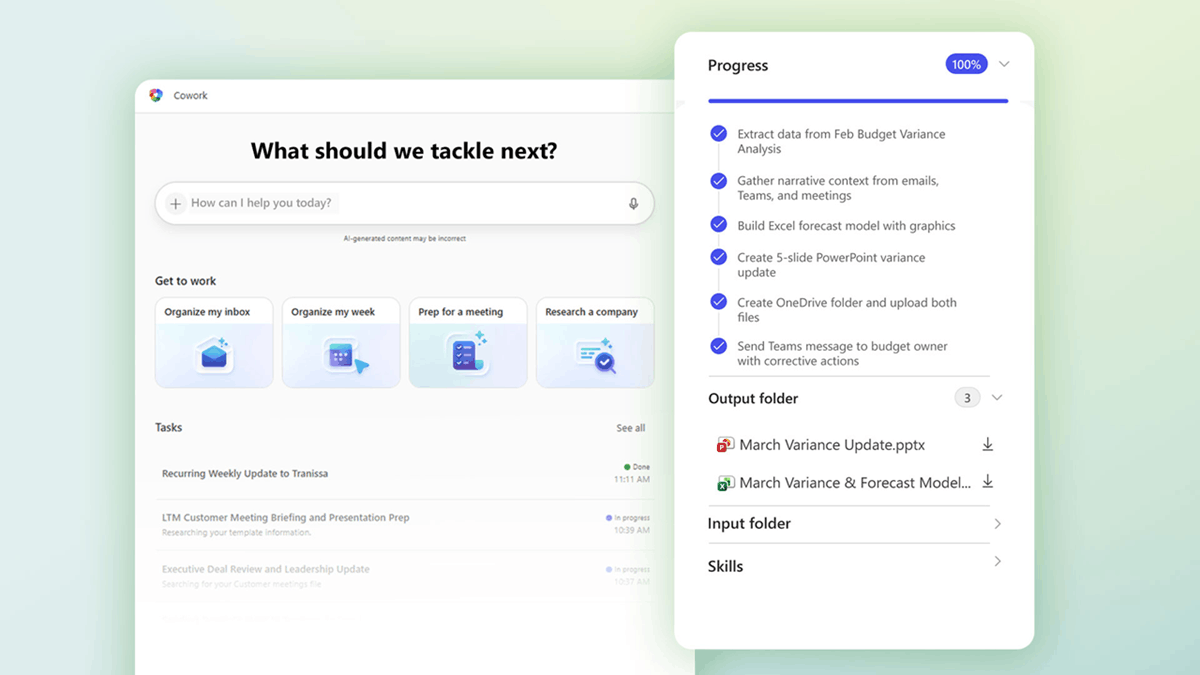Copilot Cowork interface showing multi-step workflow progress, task checklist, and generated output files across Microsoft 365 apps
