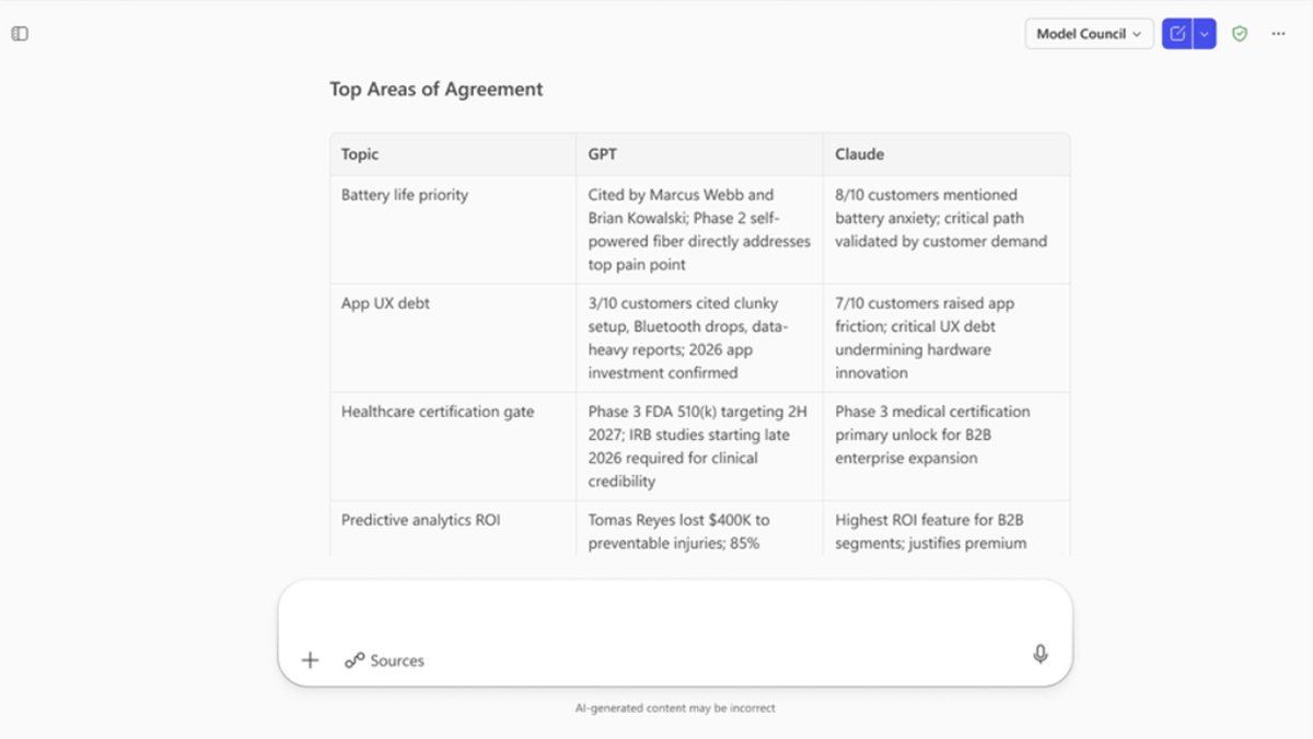 Model Council interface displaying side-by-side comparison of GPT and Claude responses with summarized areas of agreement