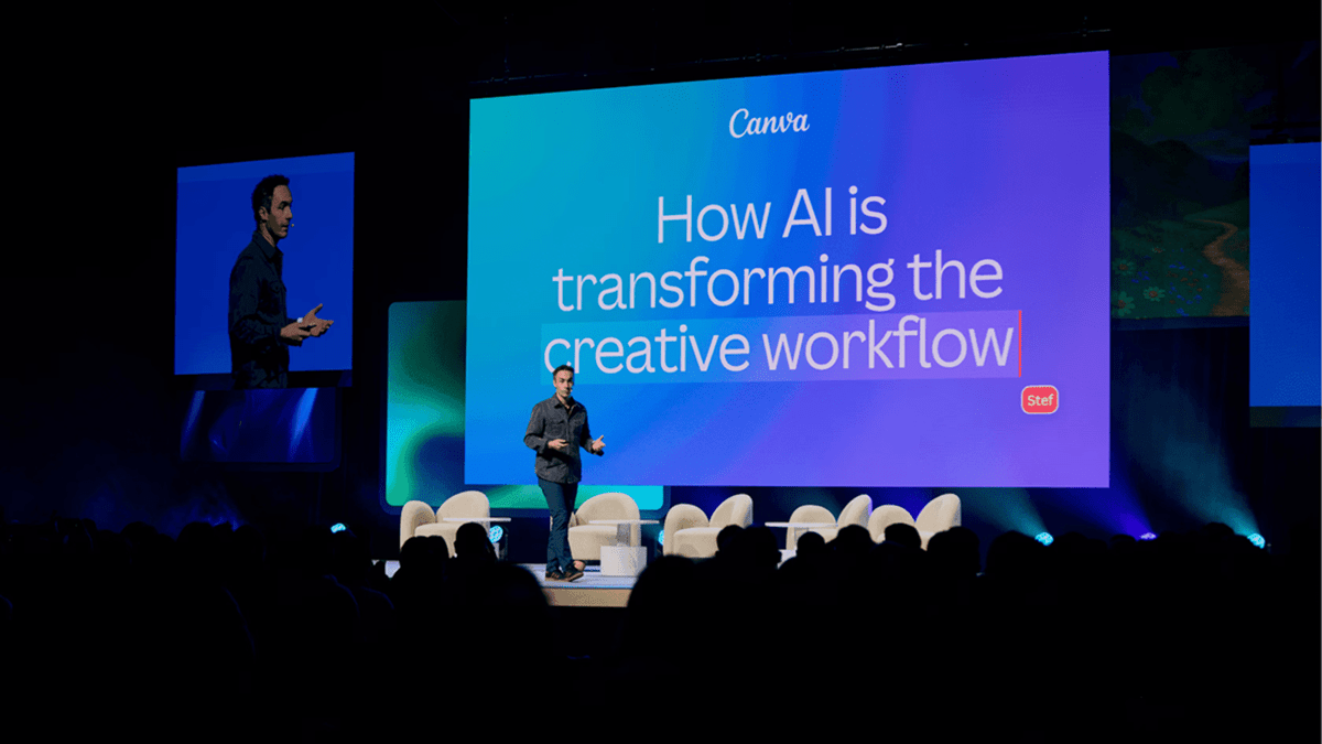 Stef Corazza showcasing Canva’s editable designs during the Canva AI Vision event
