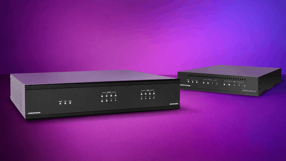 Two Crestron DM NAX Audio-over-IP devices displayed against a purple gradient background, featuring front-panel source and zone indicators