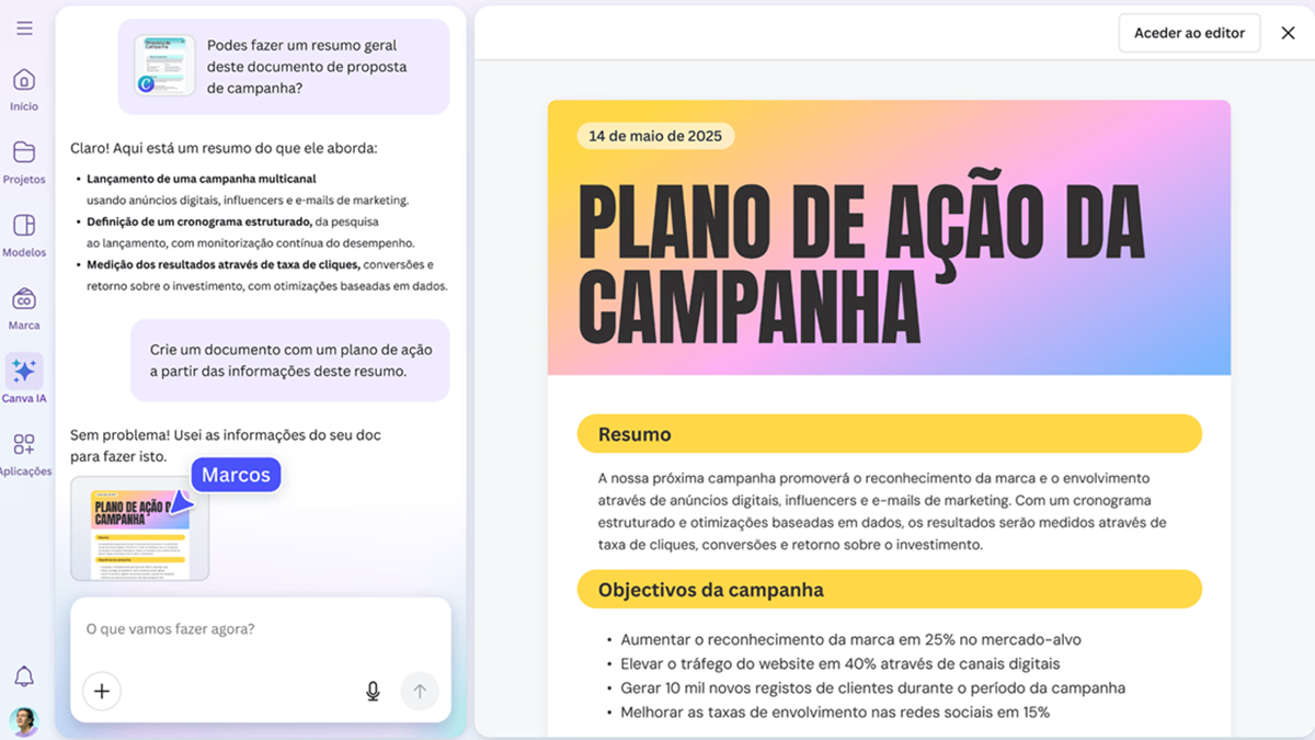 Canva AI assistant generating a campaign action plan in Portuguese on a computer screen