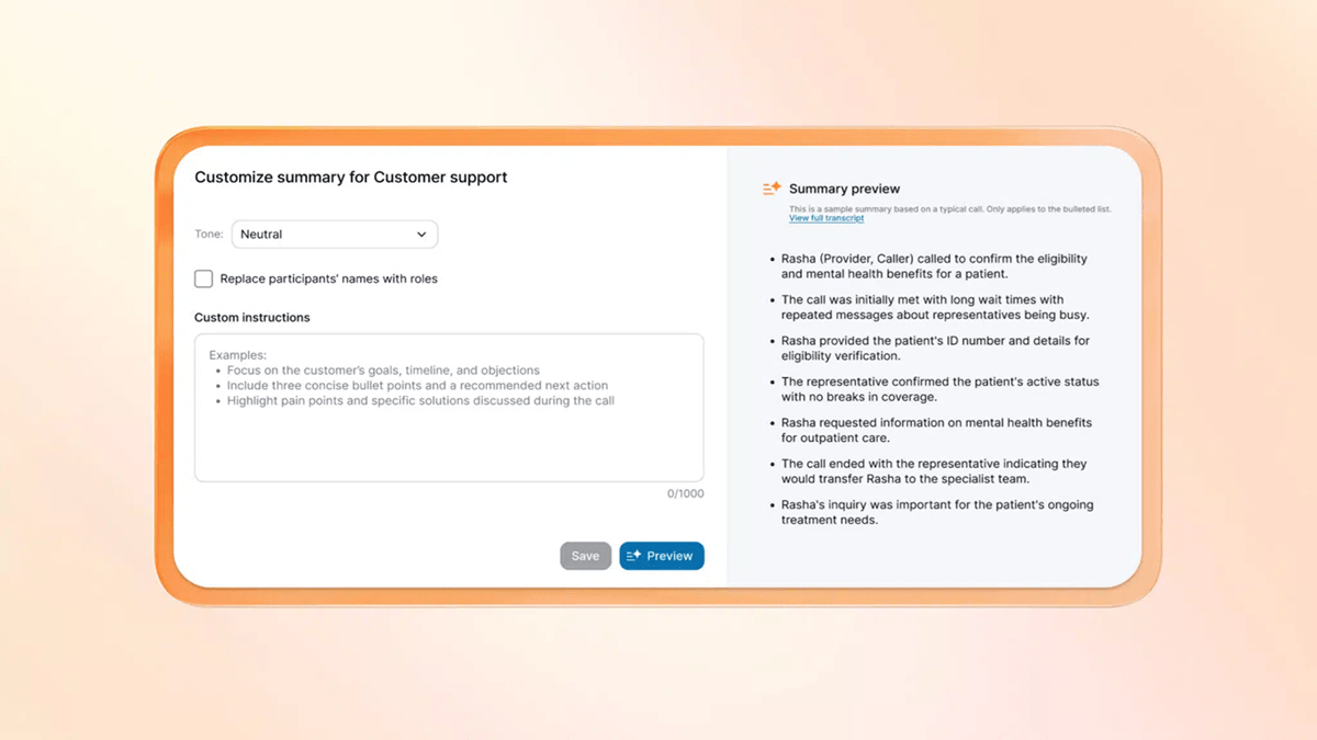 RingSense interface featuring the customizable summary with summary preview for customer support