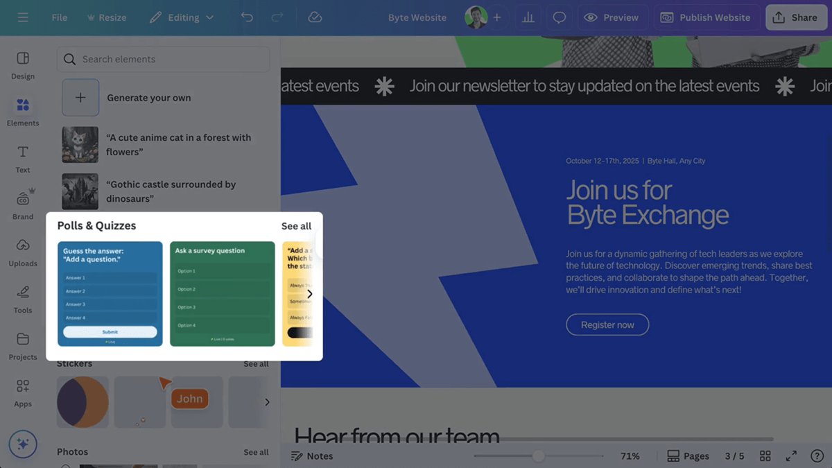 Canva’s slides interface featuring the new polls and quizzes tool with customizable designs