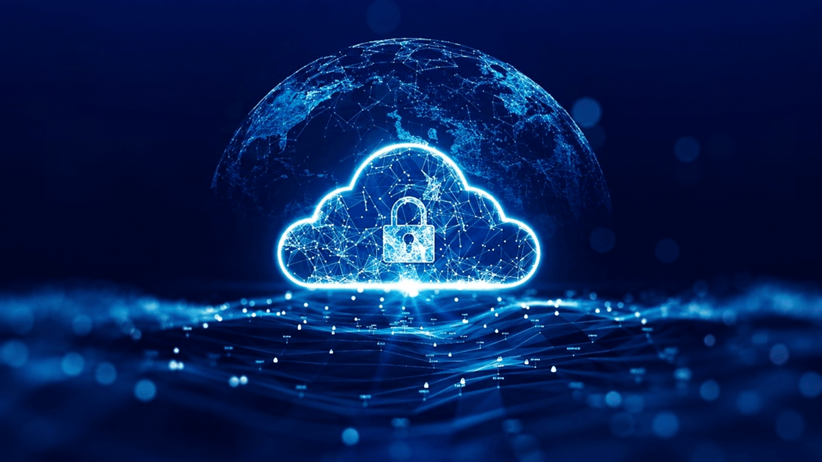 A glowing cloud with a padlock appears over a digital network grid, with a connected globe in the background representing secure cloud technology
