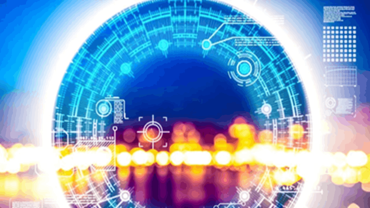 Abstract digital security interface with futuristic blue technology graphics and blurred city lights