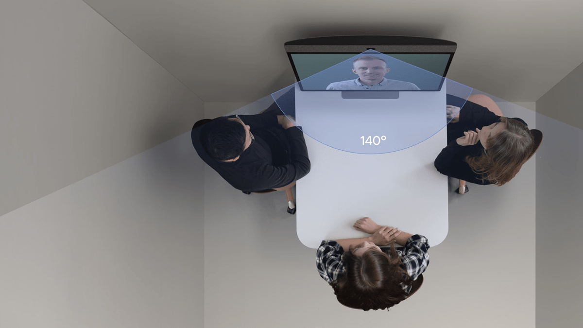 Three people in location having a virtual meeting with another person using the Neat Board 32 with a 140-degree camera view