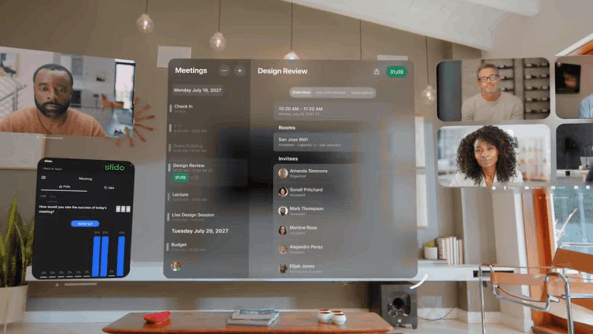 Webex spatial interface showing meeting panels, participant video feeds, and interactive dashboard elements arranged in a 3D environment within a home workspace