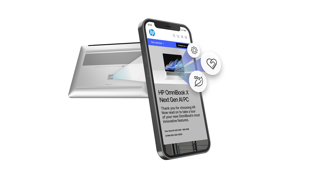 A preview of HP’s Digital Passport scanned via a QR code, featuring the HP OmniBook X Next Gen AI PC