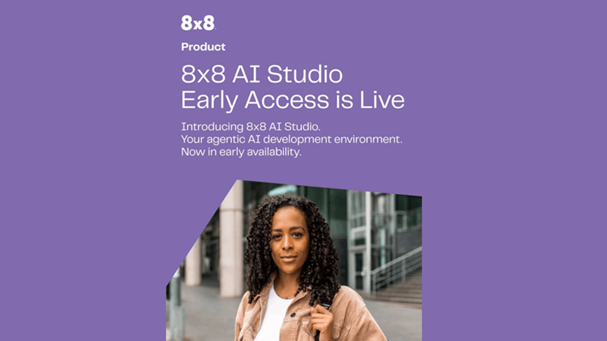 Promotional graphic for 8x8 AI Studio showing early access announcement, with headline text and a professional woman standing outside an office building