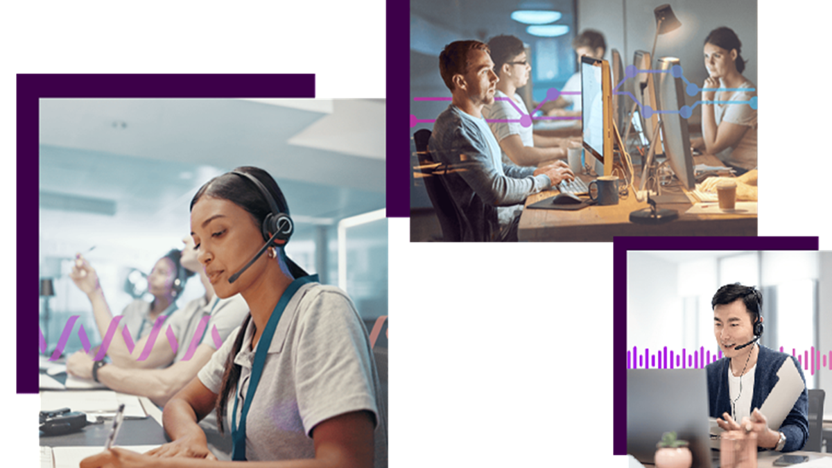 Customer service agents using headsets in a contact center environment, illustrating AI-powered voice, real-time transcription, and workflow automation