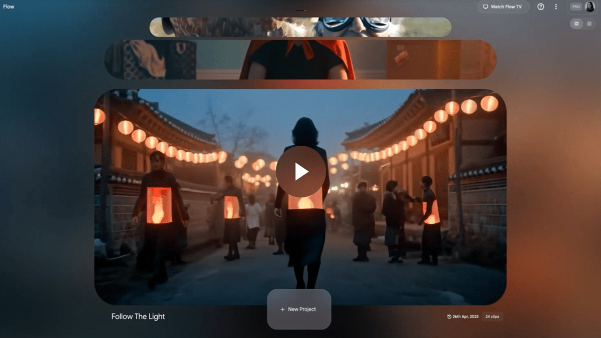 Interface of Google Flow with a new project prompt over an existing video project