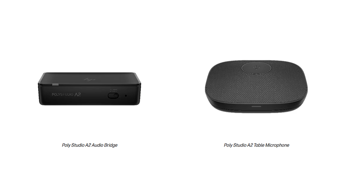 The Poly Studio A2 Audio Bridge and Poly Studio A2 Table Microphone displayed with a white background