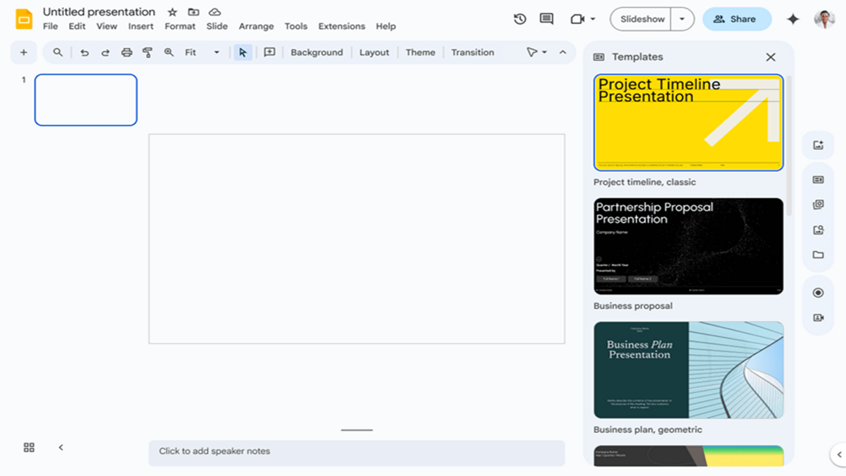 Interface of Google Slides, featuring the new template updates by Google Workspace