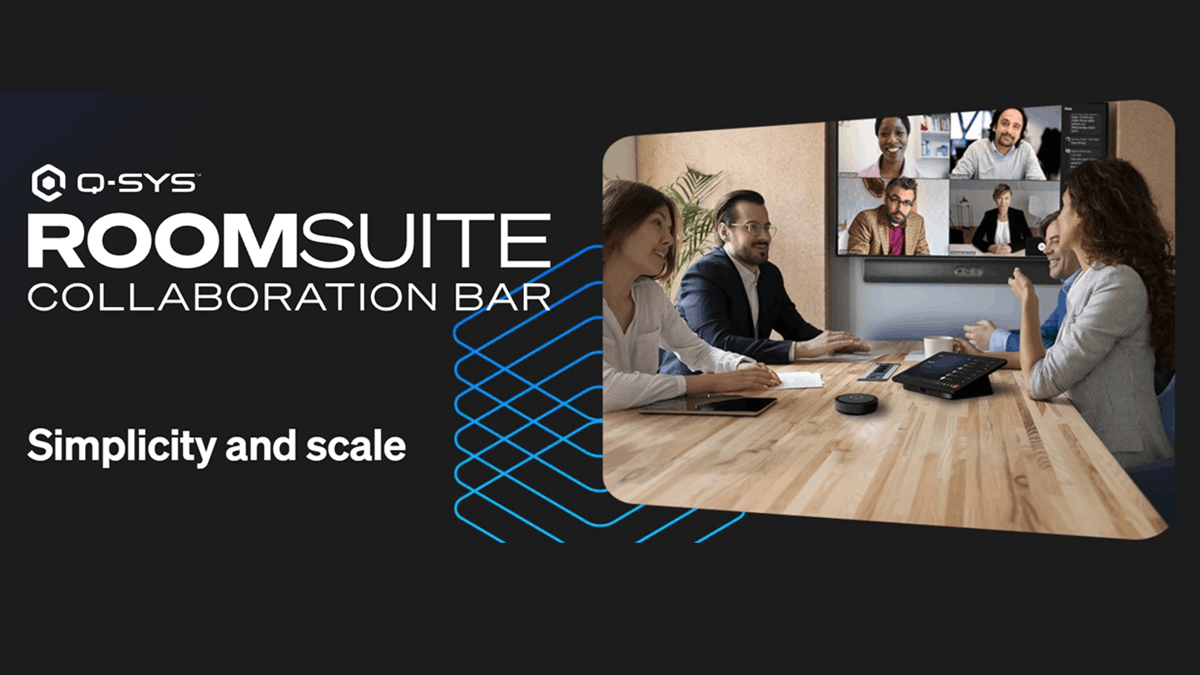 Q-SYS RoomSuite Collaboration Bar supporting hybrid meetings in a conference room environment
