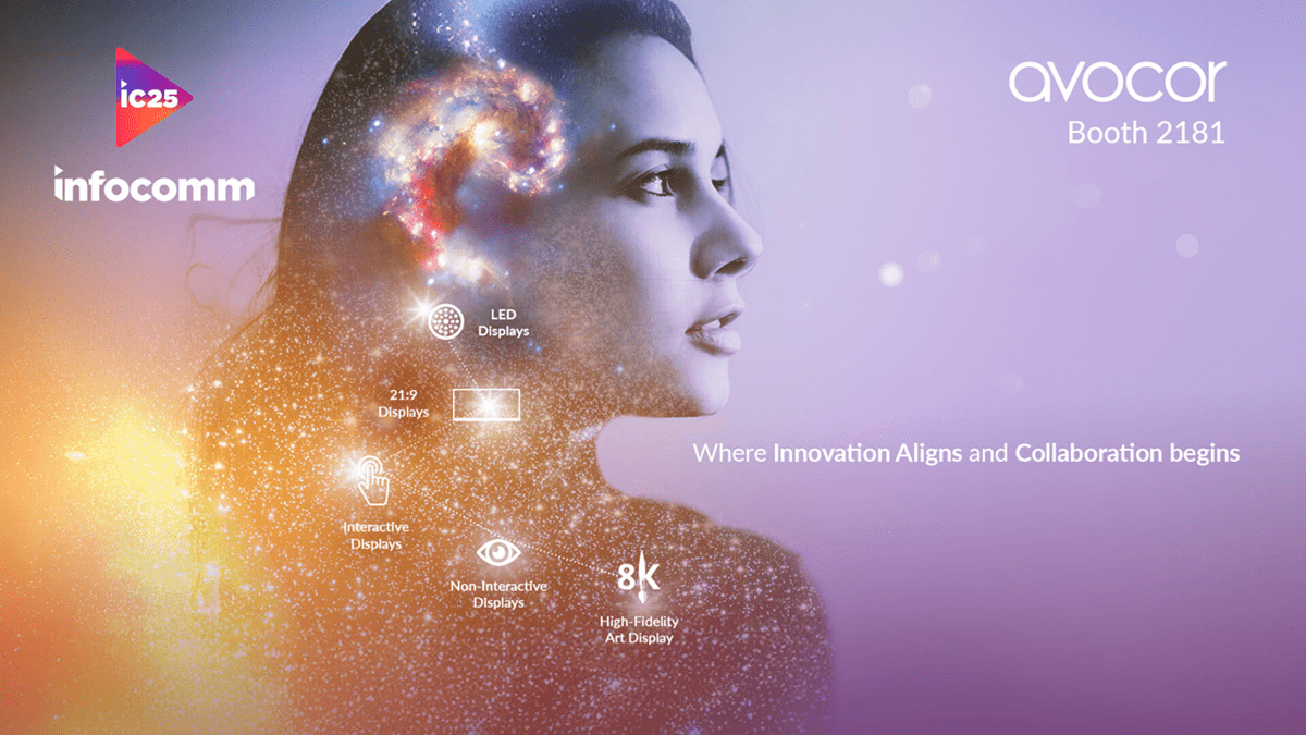 A woman's profile with galaxy overlay promoting Avocor's InfoComm 2025 booth featuring LED, 21:9, interactive, non-interactive, and 8K displays