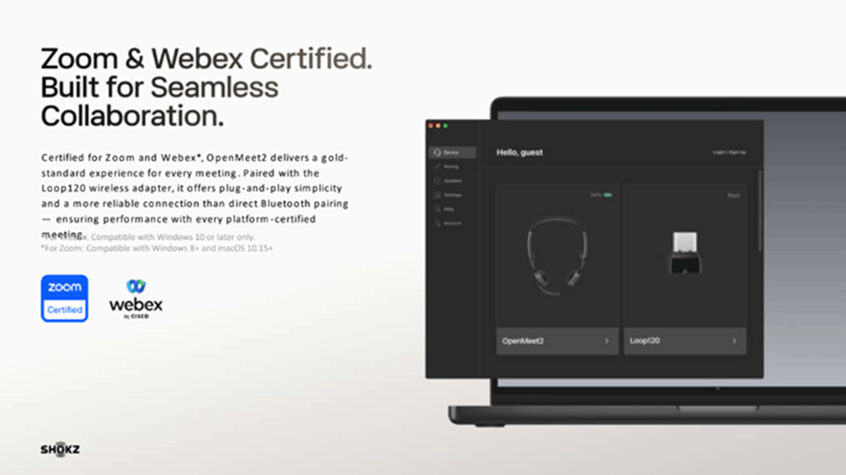 OpenMeet2 UC headset displayed with Zoom and Webex certifications alongside the Loop120 wireless adapter and management software interface