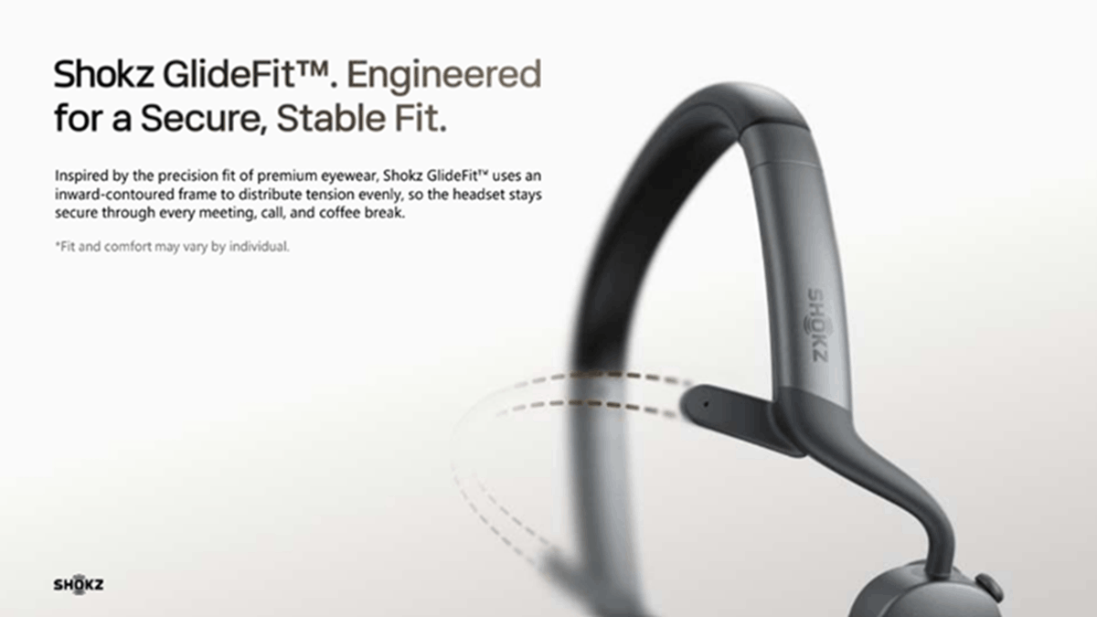 OpenMeet2 UC featuring Shokz GlideFit technology, highlighting the inward-contoured frame for a secure and stable fit